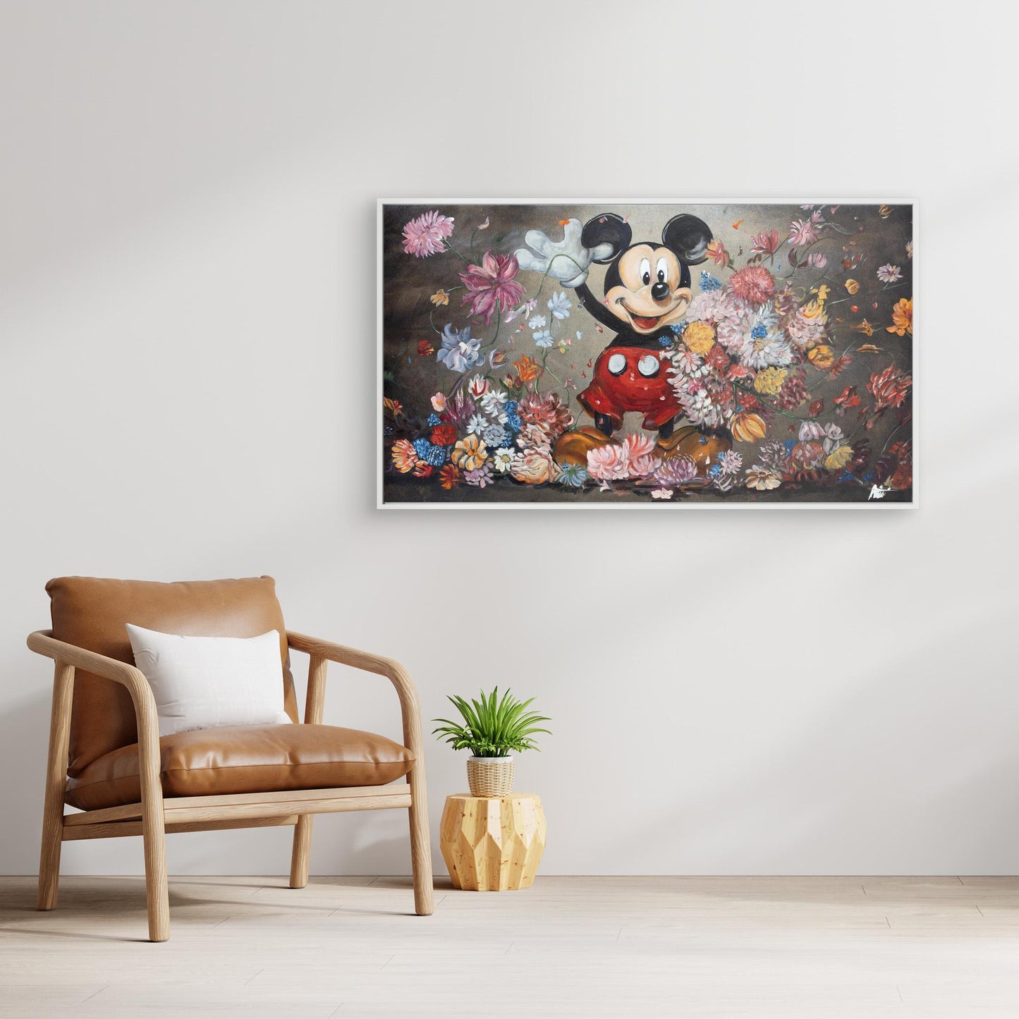 Mickey Mouse throwing flowers Rembrandt style