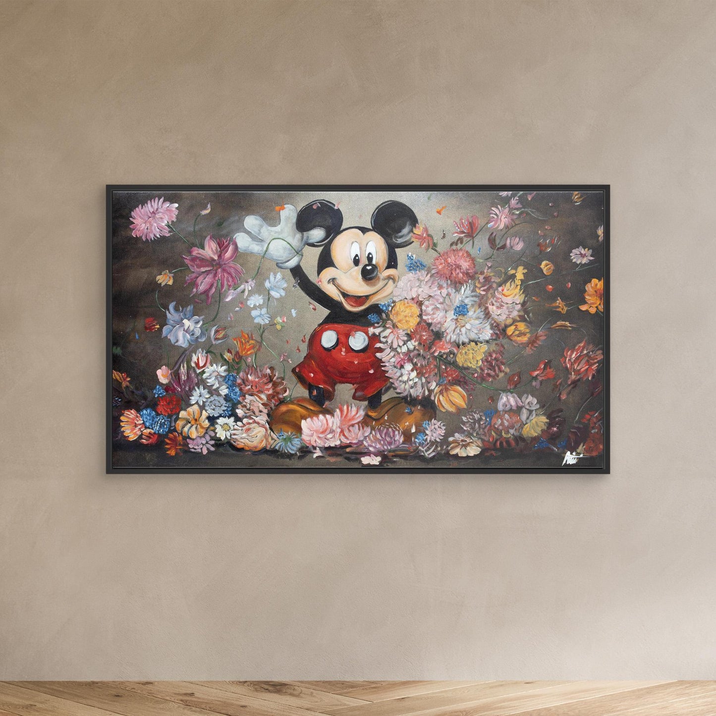 Mickey Mouse throwing flowers Rembrandt style