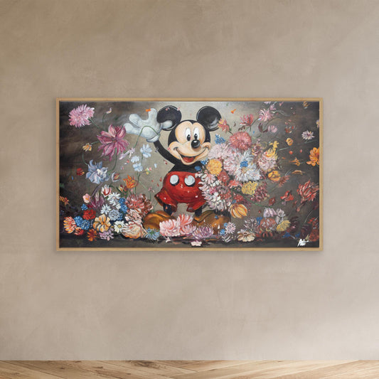 Mickey Mouse throwing flowers Rembrandt style