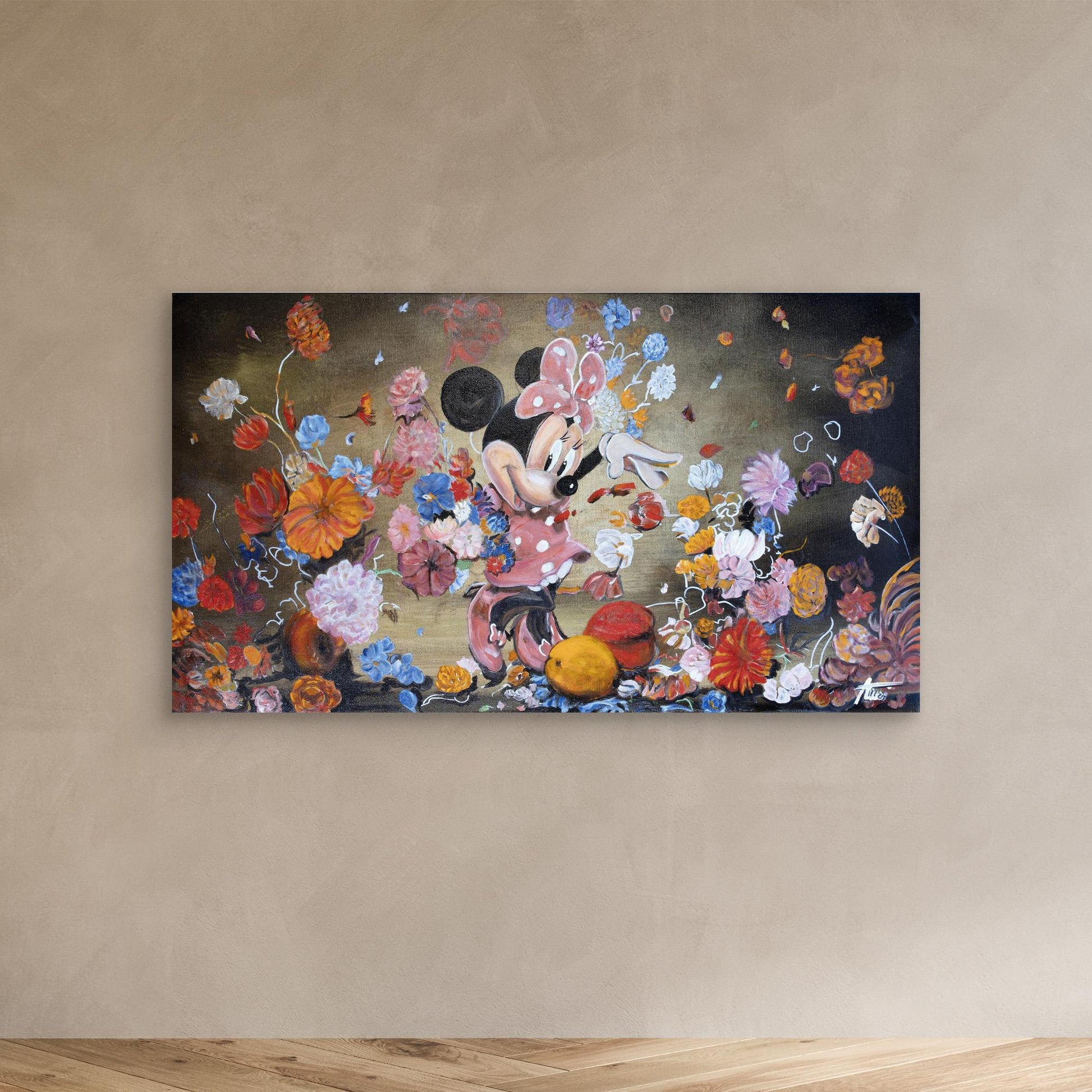 Minnie Mouse throwing flowers Rembrandt style