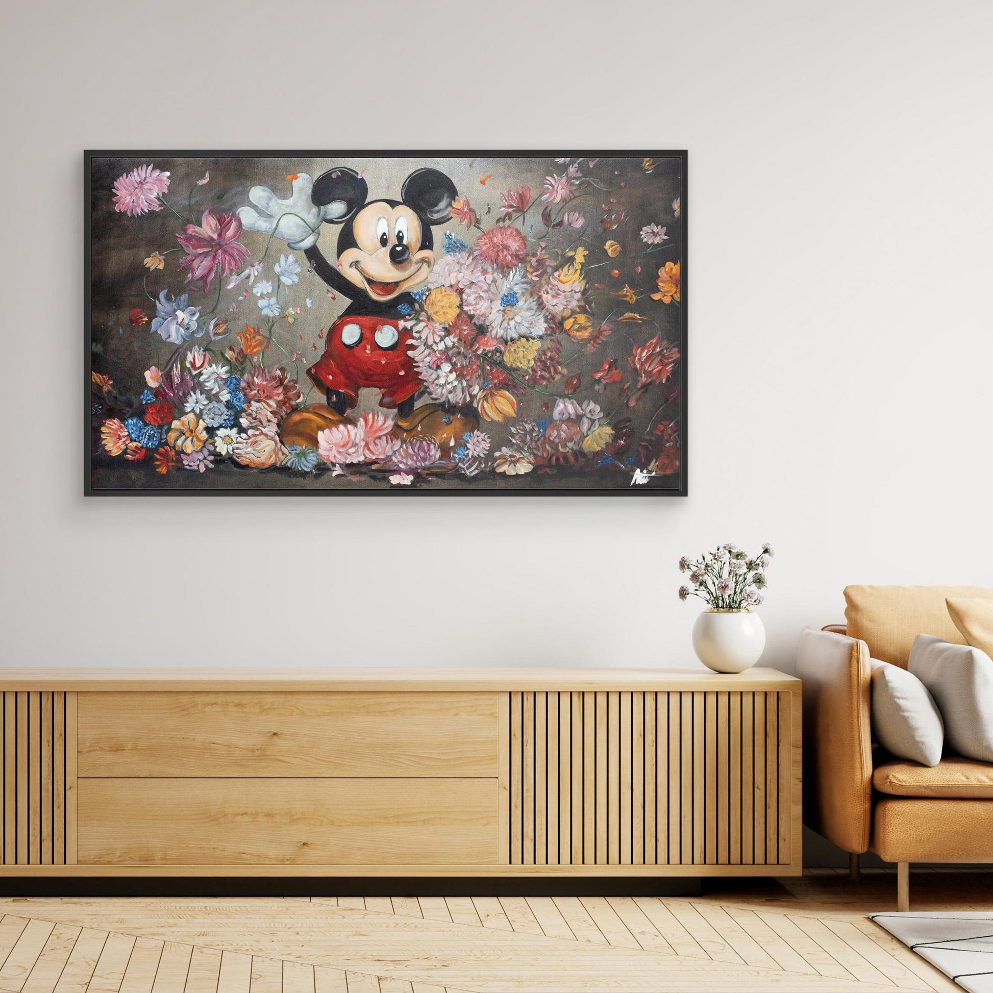 Mickey Mouse throwing flowers Rembrandt style
