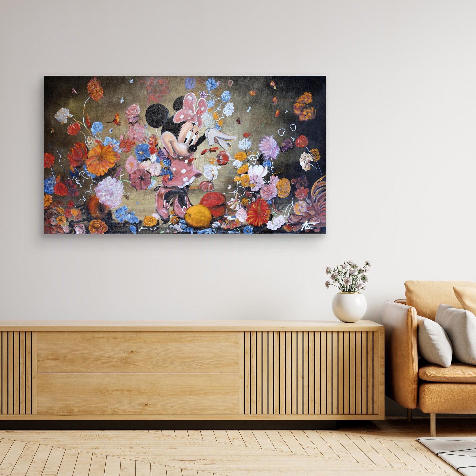 Minnie Mouse throwing flowers Rembrandt style